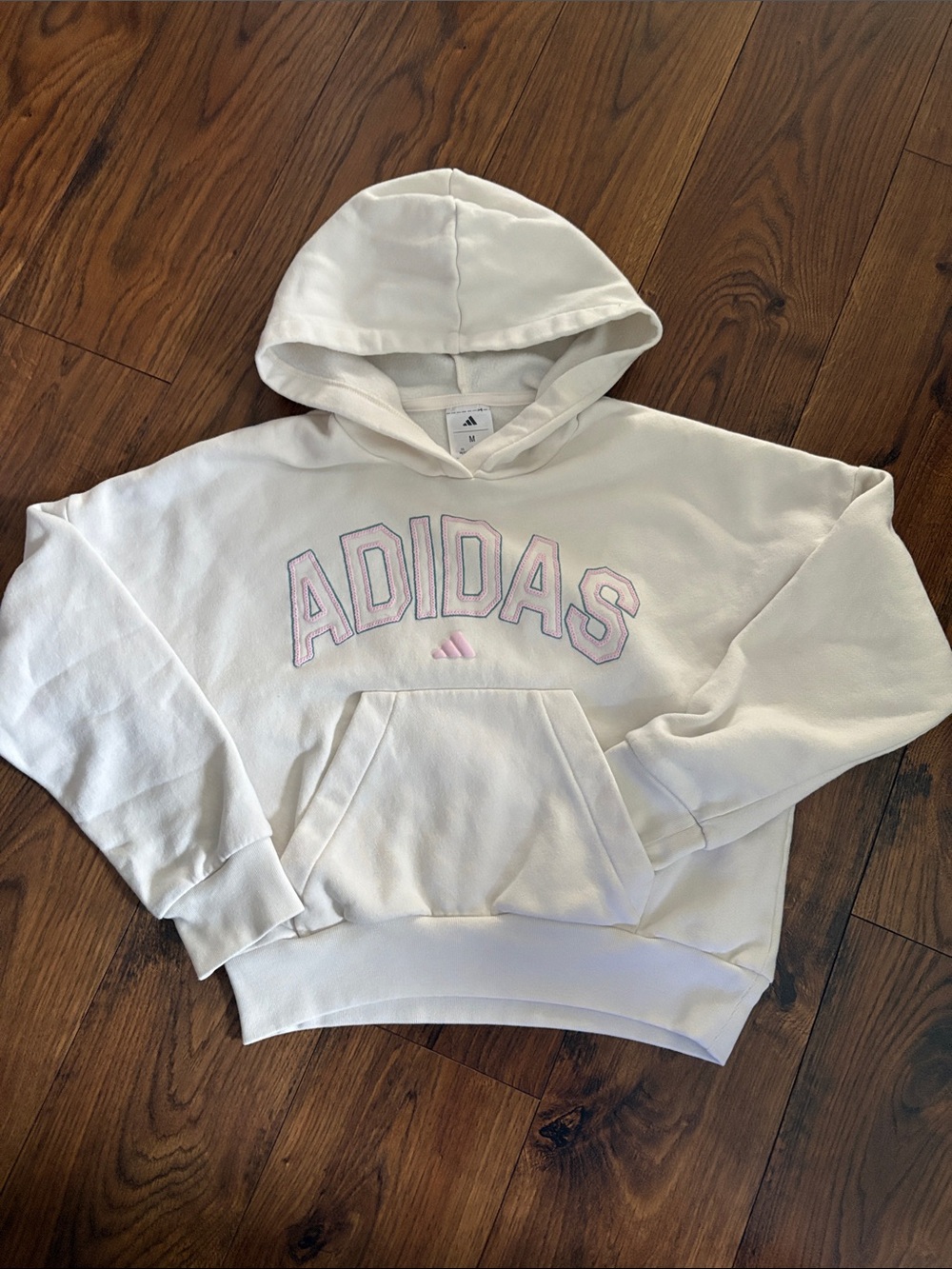 Girls Loose Fit adidas Cream Hoodie with Light Pink Logo Accent